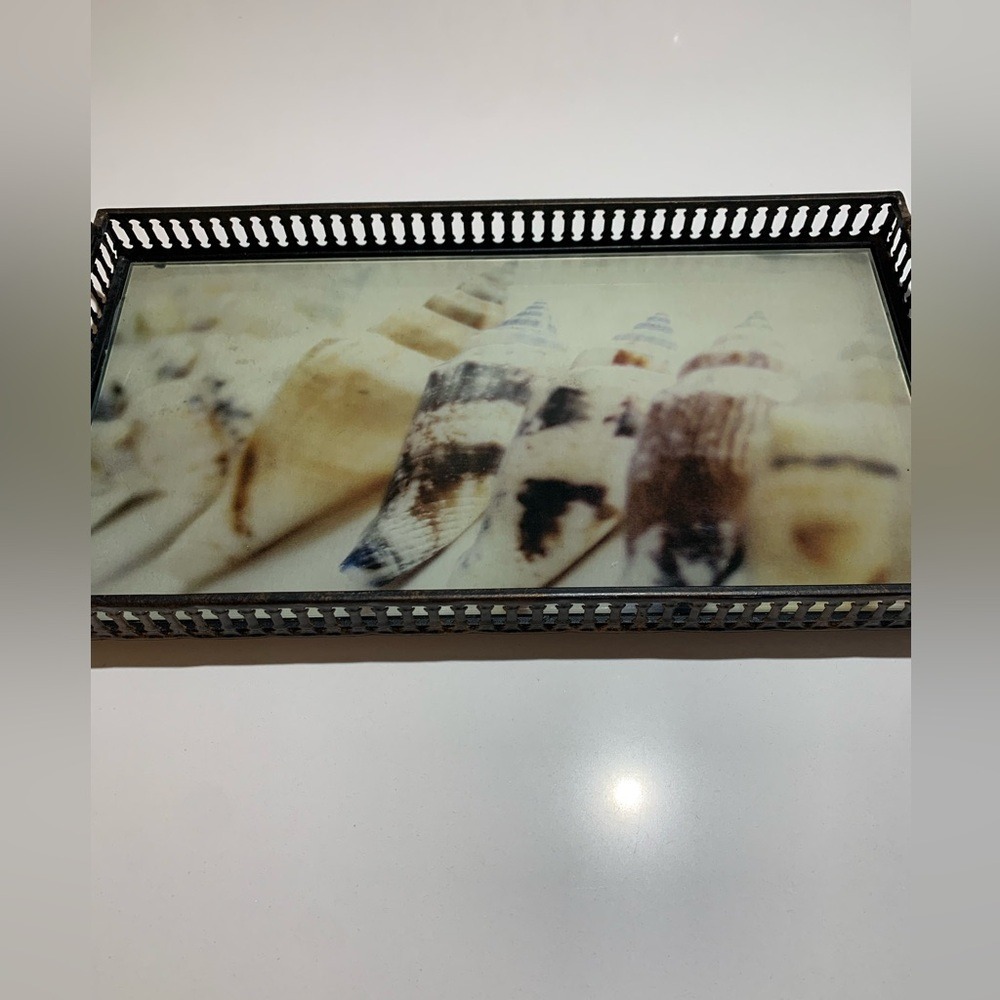 Antique Vanity Plateau Tray Shells Print Rod Iron W/Handles Perfume Jewelry Bath - Picture 2 of 9
